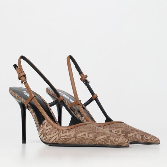 Versace Allover Logo Canvas Slingback Pumps In Brown Size 41 - Picture 1 of 13